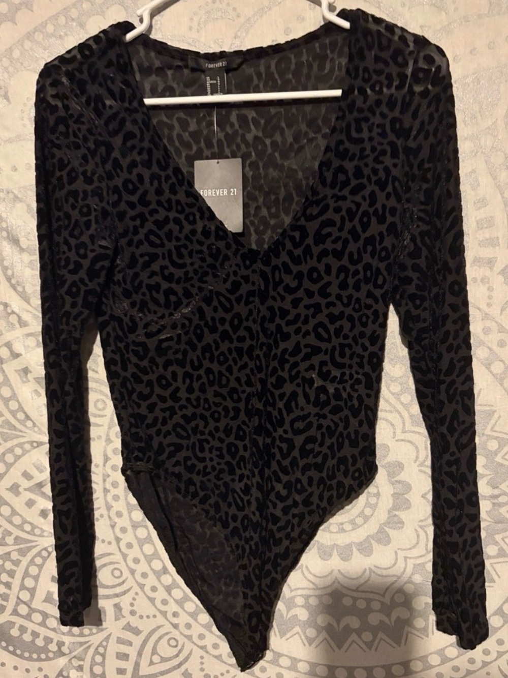Forever 21 Black Leopard Velvet Mesh Long Sleeve Bodysuit |  Large | NWT